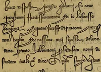 An illustration from Thesavro de scrittori : opera artificiosa, laquale con grandissima arte, si per pratica come per geometria, insegna a scriuere diuerse sorte littere, cioe cancellerescha, merchantescha, formata, cursiua, antiqua, moderna et bastarda, de piu sorte : cum uiarij e bellissimi exempli & altre sorte littere de uarie lingue, cioe grecha, hebraicha, caldea & arabicha : tutte extratte da diuersi et probatissimi auttori, & massimamente da lo praeclarissimo Sigismvndo Fanto, nobile ferrarese, mathematico et architettore eruditissimo, dele mesure e ragione de littere primo inuentore (1532)