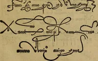 An illustration from Thesavro de scrittori : opera artificiosa, laquale con grandissima arte, si per pratica come per geometria, insegna a scriuere diuerse sorte littere, cioe cancellerescha, merchantescha, formata, cursiua, antiqua, moderna et bastarda, de piu sorte : cum uiarij e bellissimi exempli & altre sorte littere de uarie lingue, cioe grecha, hebraicha, caldea & arabicha : tutte extratte da diuersi et probatissimi auttori, & massimamente da lo praeclarissimo Sigismvndo Fanto, nobile ferrarese, mathematico et architettore eruditissimo, dele mesure e ragione de littere primo inuentore (1532)