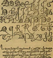 An illustration from Thesavro de scrittori : opera artificiosa, laquale con grandissima arte, si per pratica come per geometria, insegna a scriuere diuerse sorte littere, cioe cancellerescha, merchantescha, formata, cursiua, antiqua, moderna et bastarda, de piu sorte : cum uiarij e bellissimi exempli & altre sorte littere de uarie lingue, cioe grecha, hebraicha, caldea & arabicha : tutte extratte da diuersi et probatissimi auttori, & massimamente da lo praeclarissimo Sigismvndo Fanto, nobile ferrarese, mathematico et architettore eruditissimo, dele mesure e ragione de littere primo inuentore (1532)
