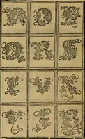 An illustration from Thesavro de scrittori : opera artificiosa, laquale con grandissima arte, si per pratica come per geometria, insegna a scriuere diuerse sorte littere, cioe cancellerescha, merchantescha, formata, cursiua, antiqua, moderna et bastarda, de piu sorte : cum uiarij e bellissimi exempli & altre sorte littere de uarie lingue, cioe grecha, hebraicha, caldea & arabicha : tutte extratte da diuersi et probatissimi auttori, & massimamente da lo praeclarissimo Sigismvndo Fanto, nobile ferrarese, mathematico et architettore eruditissimo, dele mesure e ragione de littere primo inuentore (1532)
