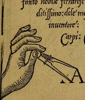 An illustration from Thesavro de scrittori : opera artificiosa, laquale con grandissima arte, si per pratica come per geometria, insegna a scriuere diuerse sorte littere, cioe cancellerescha, merchantescha, formata, cursiua, antiqua, moderna et bastarda, de piu sorte : cum uiarij e bellissimi exempli & altre sorte littere de uarie lingue, cioe grecha, hebraicha, caldea & arabicha : tutte extratte da diuersi et probatissimi auttori, & massimamente da lo praeclarissimo Sigismvndo Fanto, nobile ferrarese, mathematico et architettore eruditissimo, dele mesure e ragione de littere primo inuentore (1532)
