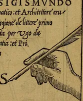 An illustration from Thesavro de scrittori : opera artificiosa, laquale con grandissima arte, si per pratica come per geometria, insegna a scriuere diuerse sorte littere, cioe cancellerescha, merchantescha, formata, cursiua, antiqua, moderna et bastarda, de piu sorte : cum uiarij e bellissimi exempli & altre sorte littere de uarie lingue, cioe grecha, hebraicha, caldea & arabicha : tutte extratte da diuersi et probatissimi auttori, & massimamente da lo praeclarissimo Sigismvndo Fanto, nobile ferrarese, mathematico et architettore eruditissimo, dele mesure e ragione de littere primo inuentore (1532)
