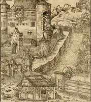 An illustration from Thournier, Kampff unnd Ritterspiel, inn Eroberunge aines gefährlichenn Thürns unnd zauberer Schloss : auch der abentheurlichen Insell unnd Güldinn Schwerdts zu Ehren dem hochgebornen durchleuchtigen Fürsten und Herrn, Herrn Philipsen, Princen auss Hispanien, zu Bintz und Marienberg ritterlich gehalten (1550)