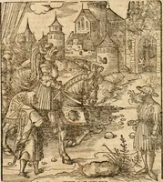An illustration from Thournier, Kampff unnd Ritterspiel, inn Eroberunge aines gefährlichenn Thürns unnd zauberer Schloss : auch der abentheurlichen Insell unnd Güldinn Schwerdts zu Ehren dem hochgebornen durchleuchtigen Fürsten und Herrn, Herrn Philipsen, Princen auss Hispanien, zu Bintz und Marienberg ritterlich gehalten (1550)