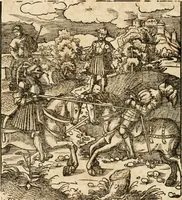 An illustration from Thournier, Kampff unnd Ritterspiel, inn Eroberunge aines gefährlichenn Thürns unnd zauberer Schloss : auch der abentheurlichen Insell unnd Güldinn Schwerdts zu Ehren dem hochgebornen durchleuchtigen Fürsten und Herrn, Herrn Philipsen, Princen auss Hispanien, zu Bintz und Marienberg ritterlich gehalten (1550)