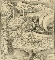 An illustration from Thournier, Kampff unnd Ritterspiel, inn Eroberunge aines gefährlichenn Thürns unnd zauberer Schloss : auch der abentheurlichen Insell unnd Güldinn Schwerdts zu Ehren dem hochgebornen durchleuchtigen Fürsten und Herrn, Herrn Philipsen, Princen auss Hispanien, zu Bintz und Marienberg ritterlich gehalten (1550)