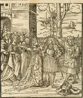 An illustration from Thournier, Kampff unnd Ritterspiel, inn Eroberunge aines gefährlichenn Thürns unnd zauberer Schloss : auch der abentheurlichen Insell unnd Güldinn Schwerdts zu Ehren dem hochgebornen durchleuchtigen Fürsten und Herrn, Herrn Philipsen, Princen auss Hispanien, zu Bintz und Marienberg ritterlich gehalten (1550)