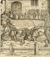 An illustration from Thournier, Kampff unnd Ritterspiel, inn Eroberunge aines gefährlichenn Thürns unnd zauberer Schloss : auch der abentheurlichen Insell unnd Güldinn Schwerdts zu Ehren dem hochgebornen durchleuchtigen Fürsten und Herrn, Herrn Philipsen, Princen auss Hispanien, zu Bintz und Marienberg ritterlich gehalten (1550)