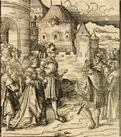 An illustration from Thournier, Kampff unnd Ritterspiel, inn Eroberunge aines gefährlichenn Thürns unnd zauberer Schloss : auch der abentheurlichen Insell unnd Güldinn Schwerdts zu Ehren dem hochgebornen durchleuchtigen Fürsten und Herrn, Herrn Philipsen, Princen auss Hispanien, zu Bintz und Marienberg ritterlich gehalten (1550)