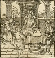 An illustration from Thournier, Kampff unnd Ritterspiel, inn Eroberunge aines gefährlichenn Thürns unnd zauberer Schloss : auch der abentheurlichen Insell unnd Güldinn Schwerdts zu Ehren dem hochgebornen durchleuchtigen Fürsten und Herrn, Herrn Philipsen, Princen auss Hispanien, zu Bintz und Marienberg ritterlich gehalten (1550)