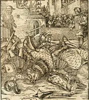 An illustration from Thournier, Kampff unnd Ritterspiel, inn Eroberunge aines gefährlichenn Thürns unnd zauberer Schloss : auch der abentheurlichen Insell unnd Güldinn Schwerdts zu Ehren dem hochgebornen durchleuchtigen Fürsten und Herrn, Herrn Philipsen, Princen auss Hispanien, zu Bintz und Marienberg ritterlich gehalten (1550)