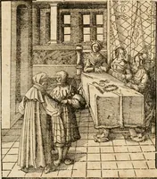 An illustration from Thournier, Kampff unnd Ritterspiel, inn Eroberunge aines gefährlichenn Thürns unnd zauberer Schloss : auch der abentheurlichen Insell unnd Güldinn Schwerdts zu Ehren dem hochgebornen durchleuchtigen Fürsten und Herrn, Herrn Philipsen, Princen auss Hispanien, zu Bintz und Marienberg ritterlich gehalten (1550)