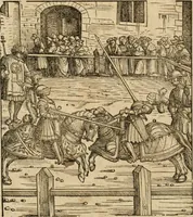 An illustration from Thournier, Kampff unnd Ritterspiel, inn Eroberunge aines gefährlichenn Thürns unnd zauberer Schloss : auch der abentheurlichen Insell unnd Güldinn Schwerdts zu Ehren dem hochgebornen durchleuchtigen Fürsten und Herrn, Herrn Philipsen, Princen auss Hispanien, zu Bintz und Marienberg ritterlich gehalten (1550)