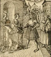 An illustration from Thournier, Kampff unnd Ritterspiel, inn Eroberunge aines gefährlichenn Thürns unnd zauberer Schloss : auch der abentheurlichen Insell unnd Güldinn Schwerdts zu Ehren dem hochgebornen durchleuchtigen Fürsten und Herrn, Herrn Philipsen, Princen auss Hispanien, zu Bintz und Marienberg ritterlich gehalten (1550)