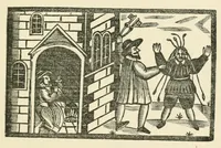 An illustration from A three-fold discourse betweene three neighbours, Algate, Bishopsgate, and John Heyden the late cobler of Hounsditch, a professed Brownist. Whereunto is added a true relation (by way of dittie) of a lamentable fire which happened at Oxford two nightsbefore Christ-tide last, in a religious brothers shop, knowne by the name of Iohn of All-trades (1642)