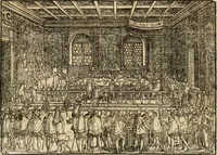 An illustration from Thurnier Buch : von Anfang, Vrsachen, Vrsprung vnd Herkommen der Thurnier im Heyligen Römischen Reich Teutscher Nation, wie viel offentlicher Landthurnier von Keyser Heinrich dem Ersten dieses Namens an biss auff den jetztregierenden Keyser Maximilian den Andern ... vnd in welchen Stetten die alle gehalten ... Alles jetzunder von neuwem zusammen getragen, mit schönen neuwen Figuren, sonderlich auch der adelischen Wappen, auffs schönest zugericht .. (1566)