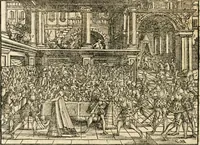An illustration from Thurnier Buch : von Anfang, Vrsachen, Vrsprung vnd Herkommen der Thurnier im Heyligen Römischen Reich Teutscher Nation, wie viel offentlicher Landthurnier von Keyser Heinrich dem Ersten dieses Namens an biss auff den jetztregierenden Keyser Maximilian den Andern ... vnd in welchen Stetten die alle gehalten ... Alles jetzunder von neuwem zusammen getragen, mit schönen neuwen Figuren, sonderlich auch der adelischen Wappen, auffs schönest zugericht .. (1566)
