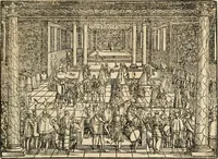 An illustration from Thurnier Buch : von Anfang, Vrsachen, Vrsprung vnd Herkommen der Thurnier im Heyligen Römischen Reich Teutscher Nation, wie viel offentlicher Landthurnier von Keyser Heinrich dem Ersten dieses Namens an biss auff den jetztregierenden Keyser Maximilian den Andern ... vnd in welchen Stetten die alle gehalten ... Alles jetzunder von neuwem zusammen getragen, mit schönen neuwen Figuren, sonderlich auch der adelischen Wappen, auffs schönest zugericht .. (1566)