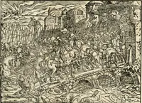 An illustration from Thurnier Buch : von Anfang, Vrsachen, Vrsprung vnd Herkommen der Thurnier im Heyligen Römischen Reich Teutscher Nation, wie viel offentlicher Landthurnier von Keyser Heinrich dem Ersten dieses Namens an biss auff den jetztregierenden Keyser Maximilian den Andern ... vnd in welchen Stetten die alle gehalten ... Alles jetzunder von neuwem zusammen getragen, mit schönen neuwen Figuren, sonderlich auch der adelischen Wappen, auffs schönest zugericht .. (1566)