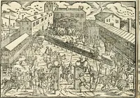 An illustration from Thurnier Buch : von Anfang, Vrsachen, Vrsprung vnd Herkommen der Thurnier im Heyligen Römischen Reich Teutscher Nation, wie viel offentlicher Landthurnier von Keyser Heinrich dem Ersten dieses Namens an biss auff den jetztregierenden Keyser Maximilian den Andern ... vnd in welchen Stetten die alle gehalten ... Alles jetzunder von neuwem zusammen getragen, mit schönen neuwen Figuren, sonderlich auch der adelischen Wappen, auffs schönest zugericht .. (1566)