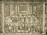 An illustration from Thurnier Buch : von Anfang, Vrsachen, Vrsprung vnd Herkommen der Thurnier im Heyligen Römischen Reich Teutscher Nation, wie viel offentlicher Landthurnier von Keyser Heinrich dem Ersten dieses Namens an biss auff den jetztregierenden Keyser Maximilian den Andern ... vnd in welchen Stetten die alle gehalten ... Alles jetzunder von neuwem zusammen getragen, mit schönen neuwen Figuren, sonderlich auch der adelischen Wappen, auffs schönest zugericht .. (1566)