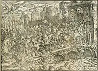 An illustration from Thurnier Buch : von Anfang, Vrsachen, Vrsprung vnd Herkommen der Thurnier im Heyligen Römischen Reich Teutscher Nation, wie viel offentlicher Landthurnier von Keyser Heinrich dem Ersten dieses Namens an biss auff den jetztregierenden Keyser Maximilian den Andern ... vnd in welchen Stetten die alle gehalten ... Alles jetzunder von neuwem zusammen getragen, mit schönen neuwen Figuren, sonderlich auch der adelischen Wappen, auffs schönest zugericht .. (1566)