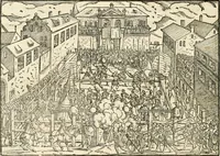 An illustration from Thurnier Buch : von Anfang, Vrsachen, Vrsprung vnd Herkommen der Thurnier im Heyligen Römischen Reich Teutscher Nation, wie viel offentlicher Landthurnier von Keyser Heinrich dem Ersten dieses Namens an biss auff den jetztregierenden Keyser Maximilian den Andern ... vnd in welchen Stetten die alle gehalten ... Alles jetzunder von neuwem zusammen getragen, mit schönen neuwen Figuren, sonderlich auch der adelischen Wappen, auffs schönest zugericht .. (1566)