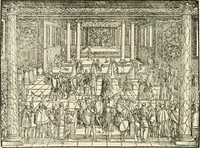 An illustration from Thurnier Buch : von Anfang, Vrsachen, Vrsprung vnd Herkommen der Thurnier im Heyligen Römischen Reich Teutscher Nation, wie viel offentlicher Landthurnier von Keyser Heinrich dem Ersten dieses Namens an biss auff den jetztregierenden Keyser Maximilian den Andern ... vnd in welchen Stetten die alle gehalten ... Alles jetzunder von neuwem zusammen getragen, mit schönen neuwen Figuren, sonderlich auch der adelischen Wappen, auffs schönest zugericht .. (1566)