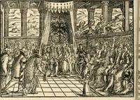 An illustration from Thurnier Buch : von Anfang, Vrsachen, Vrsprung vnd Herkommen der Thurnier im Heyligen Römischen Reich Teutscher Nation, wie viel offentlicher Landthurnier von Keyser Heinrich dem Ersten dieses Namens an biss auff den jetztregierenden Keyser Maximilian den Andern ... vnd in welchen Stetten die alle gehalten ... Alles jetzunder von neuwem zusammen getragen, mit schönen neuwen Figuren, sonderlich auch der adelischen Wappen, auffs schönest zugericht .. (1566)