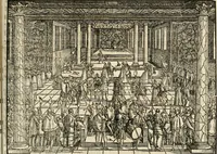 An illustration from Thurnier Buch : von Anfang, Vrsachen, Vrsprung vnd Herkommen der Thurnier im Heyligen Römischen Reich Teutscher Nation, wie viel offentlicher Landthurnier von Keyser Heinrich dem Ersten dieses Namens an biss auff den jetztregierenden Keyser Maximilian den Andern ... vnd in welchen Stetten die alle gehalten ... Alles jetzunder von neuwem zusammen getragen, mit schönen neuwen Figuren, sonderlich auch der adelischen Wappen, auffs schönest zugericht .. (1566)