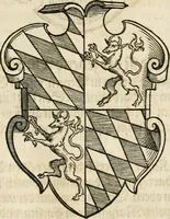 An illustration from Thurnier Buch : von Anfang, Vrsachen, Vrsprung vnd Herkommen der Thurnier im Heyligen Römischen Reich Teutscher Nation, wie viel offentlicher Landthurnier von Keyser Heinrich dem Ersten dieses Namens an biss auff den jetztregierenden Keyser Maximilian den Andern ... vnd in welchen Stetten die alle gehalten ... Alles jetzunder von neuwem zusammen getragen, mit schönen neuwen Figuren, sonderlich auch der adelischen Wappen, auffs schönest zugericht .. (1566)