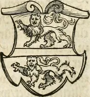 An illustration from Thurnier Buch : von Anfang, Vrsachen, Vrsprung vnd Herkommen der Thurnier im Heyligen Römischen Reich Teutscher Nation, wie viel offentlicher Landthurnier von Keyser Heinrich dem Ersten dieses Namens an biss auff den jetztregierenden Keyser Maximilian den Andern ... vnd in welchen Stetten die alle gehalten ... Alles jetzunder von neuwem zusammen getragen, mit schönen neuwen Figuren, sonderlich auch der adelischen Wappen, auffs schönest zugericht .. (1566)