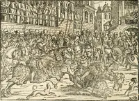 Picture 115 of 297 from Thurnier Buch : von Anfang, Vrsachen, Vrsprung vnd Herkommen der Thurnier im Heyligen Römischen Reich Teutscher Nation, wie viel offentlicher Landthurnier von Keyser Heinrich dem Ersten dieses Namens an biss auff den jetztregierenden Keyser Maximilian den Andern ... vnd in welchen Stetten die alle gehalten ... Alles jetzunder von neuwem zusammen getragen, mit schönen neuwen Figuren, sonderlich auch der adelischen Wappen, auffs schönest zugericht .. (1566), leaf 191