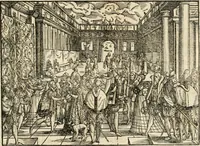 An illustration from Thurnier Buch : von Anfang, Vrsachen, Vrsprung vnd Herkommen der Thurnier im Heyligen Römischen Reich Teutscher Nation, wie viel offentlicher Landthurnier von Keyser Heinrich dem Ersten dieses Namens an biss auff den jetztregierenden Keyser Maximilian den Andern ... vnd in welchen Stetten die alle gehalten ... Alles jetzunder von neuwem zusammen getragen, mit schönen neuwen Figuren, sonderlich auch der adelischen Wappen, auffs schönest zugericht .. (1566)