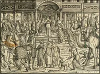 An illustration from Thurnier Buch : von Anfang, Vrsachen, Vrsprung vnd Herkommen der Thurnier im Heyligen Römischen Reich Teutscher Nation, wie viel offentlicher Landthurnier von Keyser Heinrich dem Ersten dieses Namens an biss auff den jetztregierenden Keyser Maximilian den Andern ... vnd in welchen Stetten die alle gehalten ... Alles jetzunder von neuwem zusammen getragen, mit schönen neuwen Figuren, sonderlich auch der adelischen Wappen, auffs schönest zugericht .. (1566)