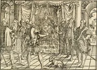 An illustration from Thurnier Buch : von Anfang, Vrsachen, Vrsprung vnd Herkommen der Thurnier im Heyligen Römischen Reich Teutscher Nation, wie viel offentlicher Landthurnier von Keyser Heinrich dem Ersten dieses Namens an biss auff den jetztregierenden Keyser Maximilian den Andern ... vnd in welchen Stetten die alle gehalten ... Alles jetzunder von neuwem zusammen getragen, mit schönen neuwen Figuren, sonderlich auch der adelischen Wappen, auffs schönest zugericht .. (1566)
