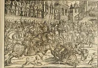 An illustration from Thurnier Buch : von Anfang, Vrsachen, Vrsprung vnd Herkommen der Thurnier im Heyligen Römischen Reich Teutscher Nation, wie viel offentlicher Landthurnier von Keyser Heinrich dem Ersten dieses Namens an biss auff den jetztregierenden Keyser Maximilian den Andern ... vnd in welchen Stetten die alle gehalten ... Alles jetzunder von neuwem zusammen getragen, mit schönen neuwen Figuren, sonderlich auch der adelischen Wappen, auffs schönest zugericht .. (1566)