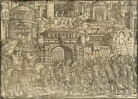 An illustration from Thurnier Buch : von Anfang, Vrsachen, Vrsprung vnd Herkommen der Thurnier im Heyligen Römischen Reich Teutscher Nation, wie viel offentlicher Landthurnier von Keyser Heinrich dem Ersten dieses Namens an biss auff den jetztregierenden Keyser Maximilian den Andern ... vnd in welchen Stetten die alle gehalten ... Alles jetzunder von neuwem zusammen getragen, mit schönen neuwen Figuren, sonderlich auch der adelischen Wappen, auffs schönest zugericht .. (1566)