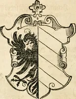 An illustration from Thurnier Buch : von Anfang, Vrsachen, Vrsprung vnd Herkommen der Thurnier im Heyligen Römischen Reich Teutscher Nation, wie viel offentlicher Landthurnier von Keyser Heinrich dem Ersten dieses Namens an biss auff den jetztregierenden Keyser Maximilian den Andern ... vnd in welchen Stetten die alle gehalten ... Alles jetzunder von neuwem zusammen getragen, mit schönen neuwen Figuren, sonderlich auch der adelischen Wappen, auffs schönest zugericht .. (1566)