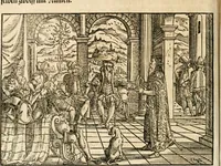 An illustration from Thurnier Buch : von Anfang, Vrsachen, Vrsprung vnd Herkommen der Thurnier im Heyligen Römischen Reich Teutscher Nation, wie viel offentlicher Landthurnier von Keyser Heinrich dem Ersten dieses Namens an biss auff den jetztregierenden Keyser Maximilian den Andern ... vnd in welchen Stetten die alle gehalten ... Alles jetzunder von neuwem zusammen getragen, mit schönen neuwen Figuren, sonderlich auch der adelischen Wappen, auffs schönest zugericht .. (1566)