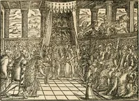 An illustration from Thurnier Buch : von Anfang, Vrsachen, Vrsprung vnd Herkommen der Thurnier im Heyligen Römischen Reich Teutscher Nation, wie viel offentlicher Landthurnier von Keyser Heinrich dem Ersten dieses Namens an biss auff den jetztregierenden Keyser Maximilian den Andern ... vnd in welchen Stetten die alle gehalten ... Alles jetzunder von neuwem zusammen getragen, mit schönen neuwen Figuren, sonderlich auch der adelischen Wappen, auffs schönest zugericht .. (1566)
