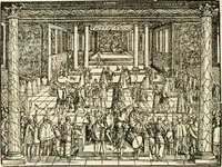 An illustration from Thurnier Buch : von Anfang, Vrsachen, Vrsprung vnd Herkommen der Thurnier im Heyligen Römischen Reich Teutscher Nation, wie viel offentlicher Landthurnier von Keyser Heinrich dem Ersten dieses Namens an biss auff den jetztregierenden Keyser Maximilian den Andern ... vnd in welchen Stetten die alle gehalten ... Alles jetzunder von neuwem zusammen getragen, mit schönen neuwen Figuren, sonderlich auch der adelischen Wappen, auffs schönest zugericht .. (1566)