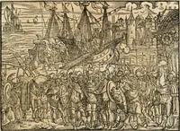 An illustration from Thurnier Buch : von Anfang, Vrsachen, Vrsprung vnd Herkommen der Thurnier im Heyligen Römischen Reich Teutscher Nation, wie viel offentlicher Landthurnier von Keyser Heinrich dem Ersten dieses Namens an biss auff den jetztregierenden Keyser Maximilian den Andern ... vnd in welchen Stetten die alle gehalten ... Alles jetzunder von neuwem zusammen getragen, mit schönen neuwen Figuren, sonderlich auch der adelischen Wappen, auffs schönest zugericht .. (1566)