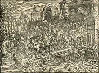 An illustration from Thurnier Buch : von Anfang, Vrsachen, Vrsprung vnd Herkommen der Thurnier im Heyligen Römischen Reich Teutscher Nation, wie viel offentlicher Landthurnier von Keyser Heinrich dem Ersten dieses Namens an biss auff den jetztregierenden Keyser Maximilian den Andern ... vnd in welchen Stetten die alle gehalten ... Alles jetzunder von neuwem zusammen getragen, mit schönen neuwen Figuren, sonderlich auch der adelischen Wappen, auffs schönest zugericht .. (1566)