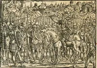 An illustration from Thurnier Buch : von Anfang, Vrsachen, Vrsprung vnd Herkommen der Thurnier im Heyligen Römischen Reich Teutscher Nation, wie viel offentlicher Landthurnier von Keyser Heinrich dem Ersten dieses Namens an biss auff den jetztregierenden Keyser Maximilian den Andern ... vnd in welchen Stetten die alle gehalten ... Alles jetzunder von neuwem zusammen getragen, mit schönen neuwen Figuren, sonderlich auch der adelischen Wappen, auffs schönest zugericht .. (1566)