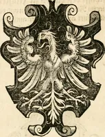 An illustration from Thurnier Buch : von Anfang, Vrsachen, Vrsprung vnd Herkommen der Thurnier im Heyligen Römischen Reich Teutscher Nation, wie viel offentlicher Landthurnier von Keyser Heinrich dem Ersten dieses Namens an biss auff den jetztregierenden Keyser Maximilian den Andern ... vnd in welchen Stetten die alle gehalten ... Alles jetzunder von neuwem zusammen getragen, mit schönen neuwen Figuren, sonderlich auch der adelischen Wappen, auffs schönest zugericht .. (1566)
