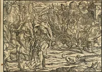 An illustration from Thurnier Buch : von Anfang, Vrsachen, Vrsprung vnd Herkommen der Thurnier im Heyligen Römischen Reich Teutscher Nation, wie viel offentlicher Landthurnier von Keyser Heinrich dem Ersten dieses Namens an biss auff den jetztregierenden Keyser Maximilian den Andern ... vnd in welchen Stetten die alle gehalten ... Alles jetzunder von neuwem zusammen getragen, mit schönen neuwen Figuren, sonderlich auch der adelischen Wappen, auffs schönest zugericht .. (1566)