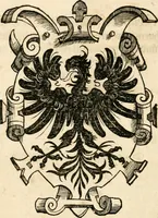 An illustration from Thurnier Buch : von Anfang, Vrsachen, Vrsprung vnd Herkommen der Thurnier im Heyligen Römischen Reich Teutscher Nation, wie viel offentlicher Landthurnier von Keyser Heinrich dem Ersten dieses Namens an biss auff den jetztregierenden Keyser Maximilian den Andern ... vnd in welchen Stetten die alle gehalten ... Alles jetzunder von neuwem zusammen getragen, mit schönen neuwen Figuren, sonderlich auch der adelischen Wappen, auffs schönest zugericht .. (1566)