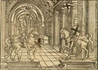 An illustration from Thurnier Buch : von Anfang, Vrsachen, Vrsprung vnd Herkommen der Thurnier im Heyligen Römischen Reich Teutscher Nation, wie viel offentlicher Landthurnier von Keyser Heinrich dem Ersten dieses Namens an biss auff den jetztregierenden Keyser Maximilian den Andern ... vnd in welchen Stetten die alle gehalten ... Alles jetzunder von neuwem zusammen getragen, mit schönen neuwen Figuren, sonderlich auch der adelischen Wappen, auffs schönest zugericht .. (1566)