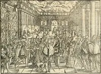 An illustration from Thurnier Buch : von Anfang, Vrsachen, Vrsprung vnd Herkommen der Thurnier im Heyligen Römischen Reich Teutscher Nation, wie viel offentlicher Landthurnier von Keyser Heinrich dem Ersten dieses Namens an biss auff den jetztregierenden Keyser Maximilian den Andern ... vnd in welchen Stetten die alle gehalten ... Alles jetzunder von neuwem zusammen getragen, mit schönen neuwen Figuren, sonderlich auch der adelischen Wappen, auffs schönest zugericht .. (1566)